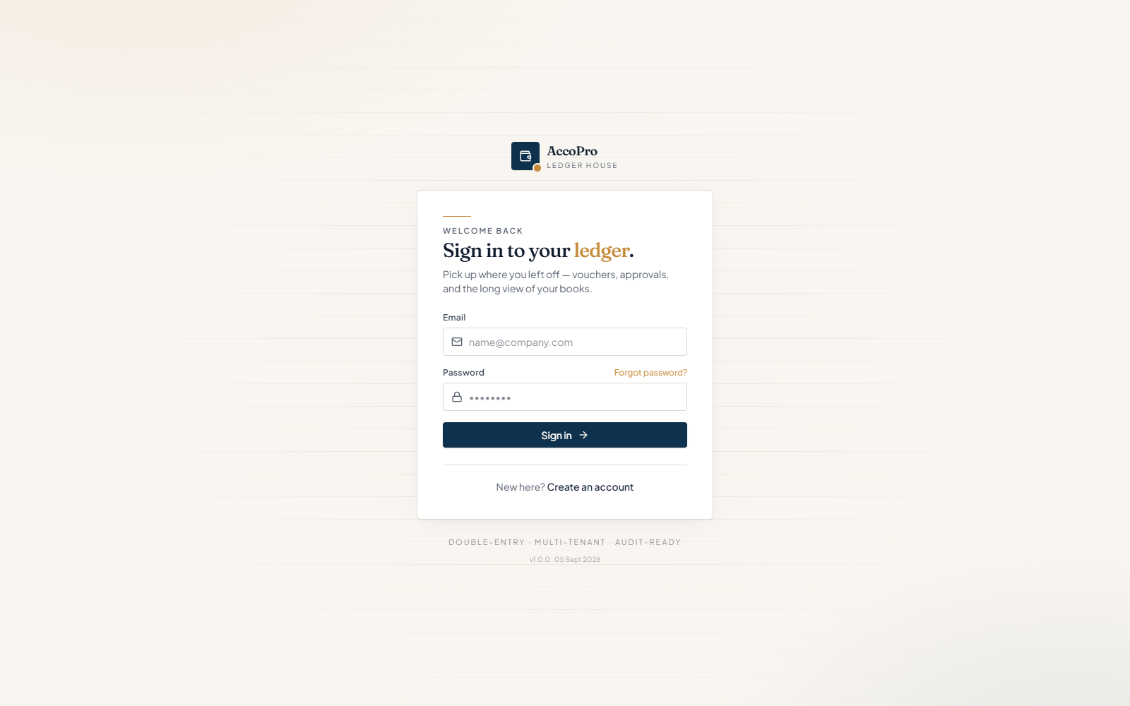The AccoPro sign-in screen: the AccoPro Ledger House wordmark above an email and password form on warm ruled paper.